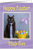 Happy Easter Step Son Cute Cat in Tie With Easter Basket Humor card