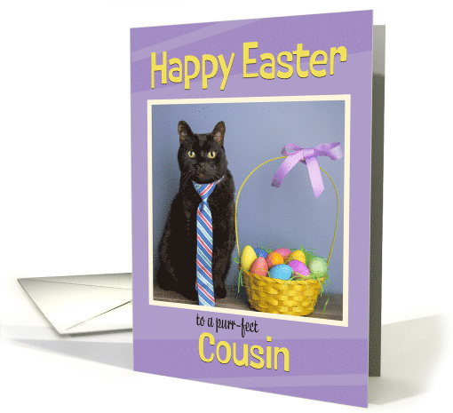 Happy Easter Cousin Cute Cat in Tie With Easter Basket Humor card