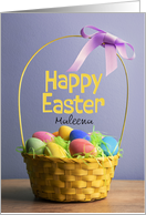 Happy Easter Custom Name Photo of Basket Filled With Dyed Eggs card