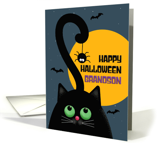 Happy Halloween Grandson Cute Black Cat With Spider Illustration card
