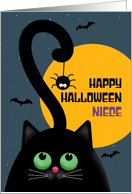 Happy Halloween Niece Cute Black Cat With Spider Illustration card