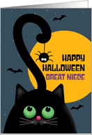 Happy Halloween Great Niece Cute Black Cat With Spider Illustration card