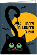 Happy Halloween Custom Name Cute Black Cat With Spider Illustration card