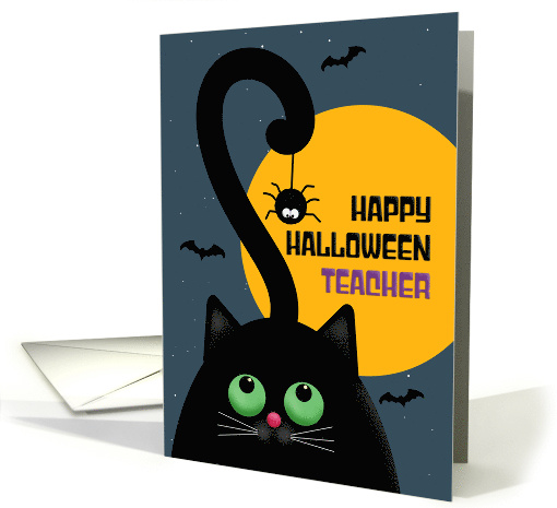 Happy Halloween Teacher Cute Black Cat With Spider Illustration card