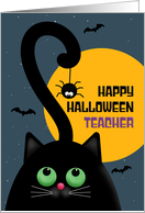 Happy Halloween Teacher Cute Black Cat With Spider Illustration card