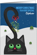 Merry Christmas Nephew Cute Cat WIth Mistletoe on Tail card