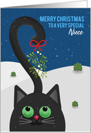 Merry Christmas Niece Cute Cat WIth Mistletoe on Tail card