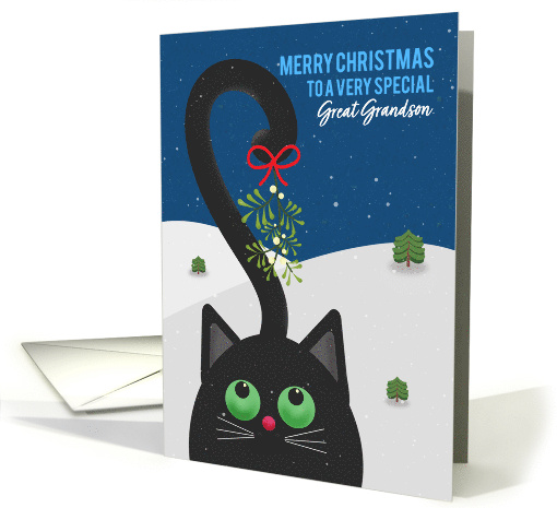 Merry Christmas Great Grandson Cute Cat WIth Mistletoe on Tail card