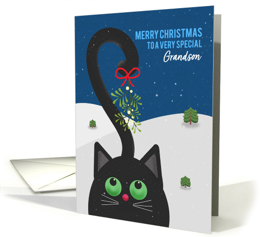 Merry Christmas Grandson Cute Cat WIth Mistletoe on Tail card