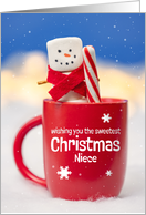 Merry Christmas Niece Cute Marshmallow Snowman With Peppermint card
