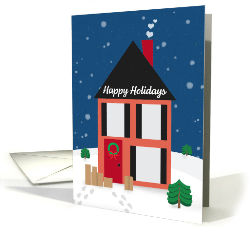 Happy Holiday Package Delivery Driver House in Snow Illustration card