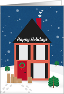 Happy Holiday Package Delivery Driver House in Snow Illustration card