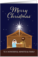 For Minister and Family Merry Christmas Nativity Scene Illustration card