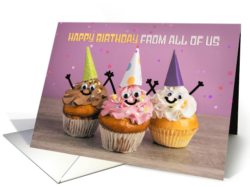 Happy Birthday From All of Us Cute Cupcake Characters Trio Photo card