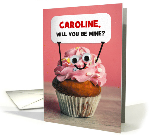 Happy Valentines Day Custom Name Cute Cupcake Holding Sign Humor card