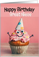 Happy Birthday Great Niece Cute Pink Cupcake in Party Hat Humor card