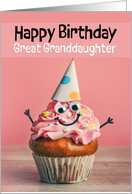 Happy Birthday Great Granddaughter Cute Pink Cupcake in Party Hat card