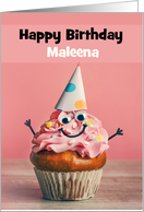 Happy Birthday Custom Name Cute Pink Cupcake in Party Hat Humor card