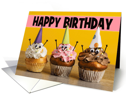Happy Birthday For Anyone Cute Cupcakes in Party Hats Humor card