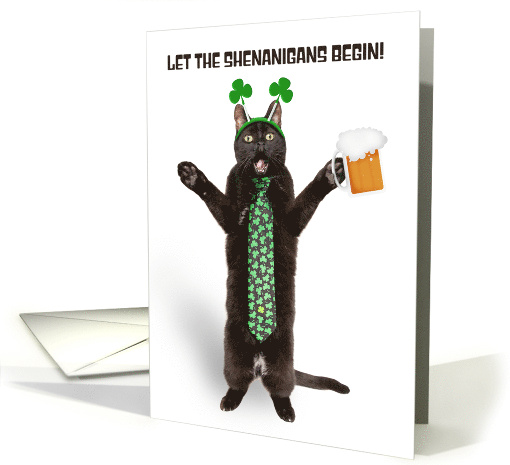 Happy St Patricks Day Funny Cat in Shamrock Tie Holding... (1823688)