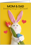 Happy Easter Parents Cute Plush Bunny Holding Tulip and Egg on Yellow card