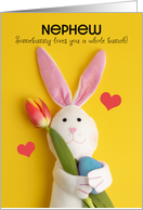 Happy Easter Nephew Cute Plush Bunny Holding Tulip and Egg on Yellow card