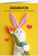 Happy Easter Grandson Cute Plush Bunny Holding Tulip and Egg on Yellow card