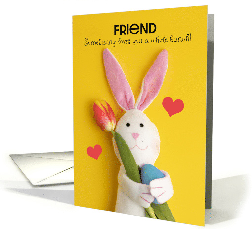 Happy Easter Friend Cute Bunny Holding Tulip and Egg on Yellow card