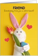 Happy Easter Friend Cute Bunny Holding Tulip and Egg on Yellow card