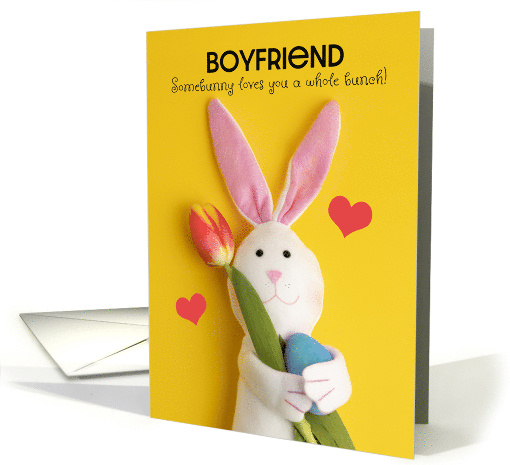 Happy Easter Boyfriend Cute Bunny Holding Tulip and Egg on Yellow card