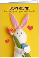 Happy Easter Boyfriend Cute Bunny Holding Tulip and Egg on Yellow card