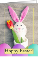 Happy Easter For Anyone Cute Bunny Toy Holding Tulip card