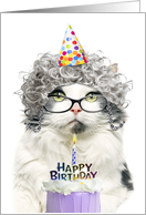 Happy Birthday Funny Old Lady Cat in Party Hat With Cake Humor card