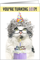Happy Birthday 103rd Funny Old Lady Cat in Party Hat With Cake Humor card