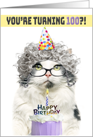 Happy Birthday 100th Funny Old Lady Cat in Party Hat With Cake Humor card