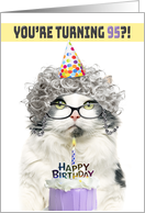 Happy Birthday 95th Funny Old Lady Cat in Party Hat With Cake Humor card