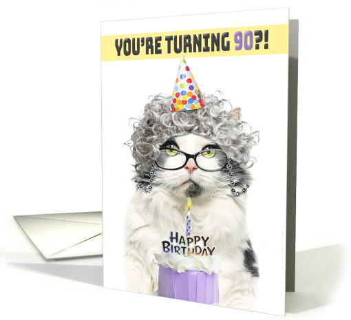 Happy Birthday 90th Funny Old Lady Cat in Party Hat With... (1834012)