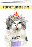 Happy Birthday 65th Funny Old Lady Cat in Party Hat With Cake Humor card