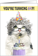 Happy Birthday 64th Funny Old Lady Cat in Party Hat With Cake Humor card