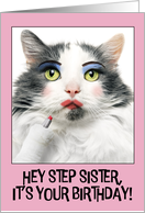 Happy Birthday Step Sister Funny Cat Putting on Lots of Make Up Humor card