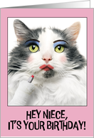 Happy Birthday Niece Funny Cat Putting on Lots of Make Up Humor card