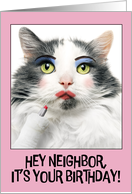 Happy Birthday Neighbor Funny Cat Putting on Lots of Make Up Humor card