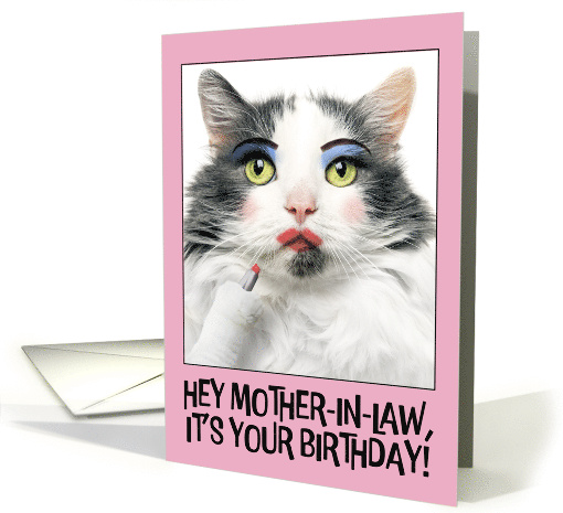 Happy Birthday Mother In Law Funny Cat Putting on Lots of Make Up card