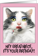 Happy Birthday Great Niece Funny Cat Putting on Lots of Make Up card