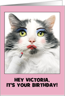 Happy Birthday Custom Name Funny Cat Putting on Lots of Make Up card