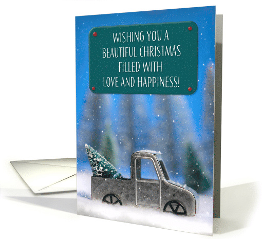 Merry Christmas Little Pickup Truck With Tree Photograph card
