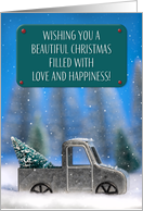 Merry Christmas Little Pickup Truck With Tree Photograph card