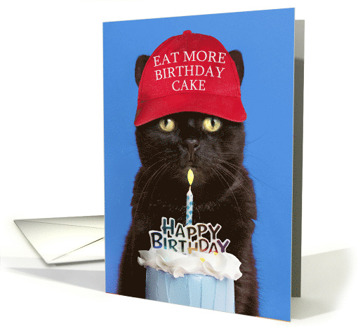 Happy Birthday Cat in Trump Hat Eat More Birthday Cake Humor card