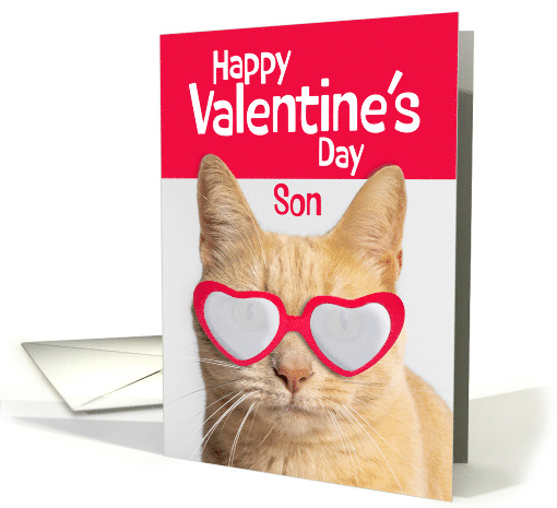 Happy Valentines Day Son Orange Tabby Cat in Heart Glasses card