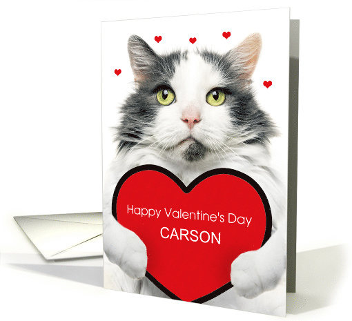 Happy Valentines Day Custom Name Cute Cat Holding Big Heart Humor card